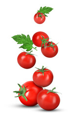 Many fresh ripe tomatoes and green leaves falling on white background