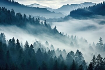 A dense fog mist covering a tranquil mountain forest, Stunning Scenic World Landscape Wallpaper Background