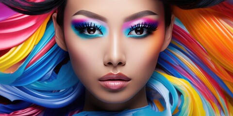 Asian woman wearing colorful makeup in a blue and orange background