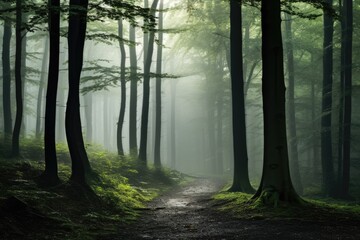 Naklejka premium A tranquil forest pathway with rays of sunlight filtering through the trees and morning fog mist, Stunning Scenic World Landscape Wallpaper Background