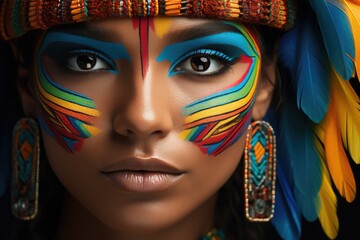 South American woman wearing colorful makeup in a blue and orange background