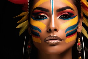 South American woman wearing colorful makeup in a blue and orange background