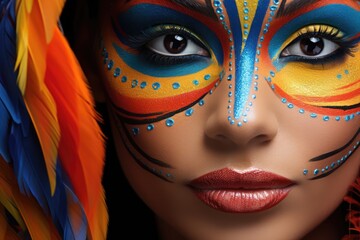 South American woman wearing colorful makeup in a blue and orange background