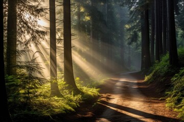 A tranquil forest pathway with rays of sunlight filtering through the trees, Stunning Scenic World Landscape Wallpaper Background