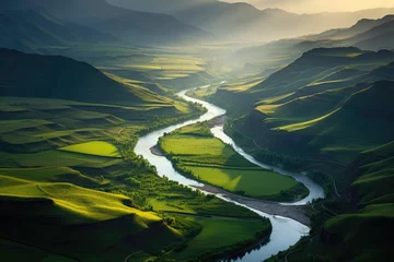 Zelfklevend Fotobehang A picturesque countryside with a winding river, Stunning Scenic World Landscape Wallpaper Background © Distinctive Images