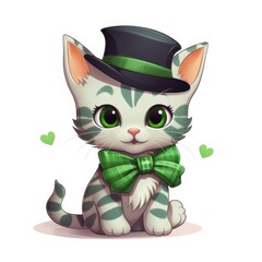 A cartoon cat wearing a top hat and bow tie. Digital image. St. Patrick day.