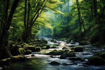 Obraz premium A dense forest with a winding river or stream, Stunning Scenic World Landscape Wallpaper Background