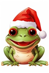 A cartoon frog wearing a santa hat. Digital image.