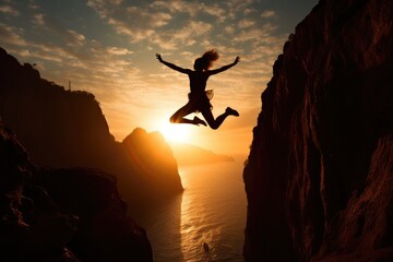 an athletic woman is jumping between two nearby cliffs experiencing joy and exhilaration, in silhouette with the sun setting behind her., Stunning Scenic World Landscape Wallpaper Background