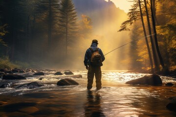 a fly fishermen shown from behind while fishing in a beautiful and majestic river, Stunning Scenic World Landscape Wallpaper Background