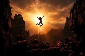 woman is falling between two nearby cliffs, in silhouette with the sun setting behind her, acrophobia and danger, Wallpaper Background