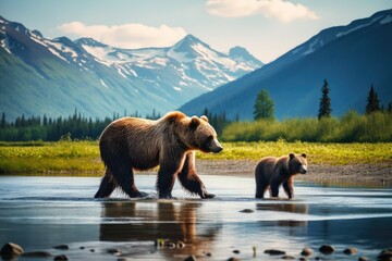 mother grizzly bear and her baby cub, Alaska, river, Stunning Scenic World Landscape Wallpaper Background