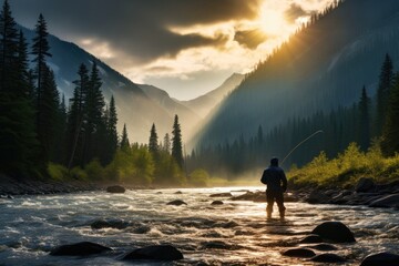 a fly fishermen shown from behind while fishing in a beautiful and majestic river, Stunning Scenic World Landscape Wallpaper Background