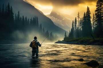 a fly fishermen shown from behind while fishing in a beautiful and majestic river, Stunning Scenic World Landscape Wallpaper Background