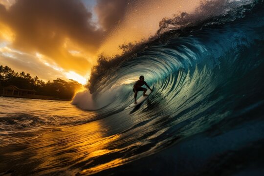 a professional surfer shown in silhouette while surfing in the wave tube in hawaii at sunset, Stunning Scenic World Landscape Wallpaper Background