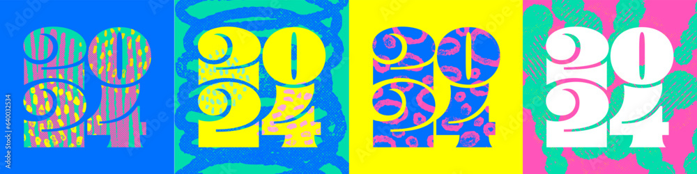 Aufkleber 2023 happy new year retro greeting card. vector new year eve colorful cover print 2023 number.