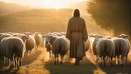 Bright sunlight shines on shepherd Jesus Christ leading sheep and praying to God in a field