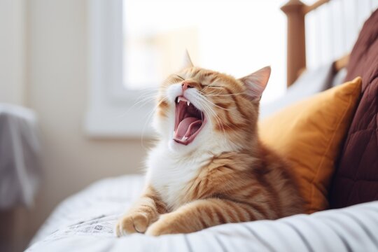 An orange and white cat yawns on a bed. Digital image.