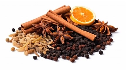 A pile of spices and an orange on a white surface. Digital image.