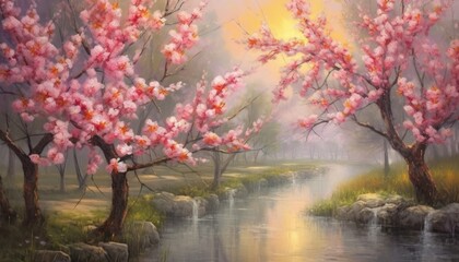 Peach trees are blooming on the creek bank.