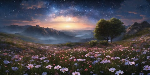 Vibrant Wildflower Field Against a Scenic Starry Night Sky
