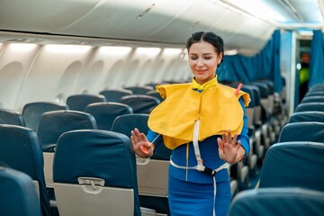 Smiling woman stewardess or air hostess wearing safety vest while standing in aircraft passenger cabin