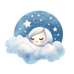 A little girl is sleeping on a cloud. Digital image.