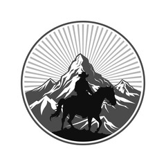 Cowboy and horse. Black silhouette. Mountain landscape. Vector illustration