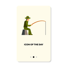 Man sitting with fishing rod flat vector icon. Cartoon drawing of angler fishing at water isolated vector illustration. Leisure, hobby, fisherman concept for web design and apps