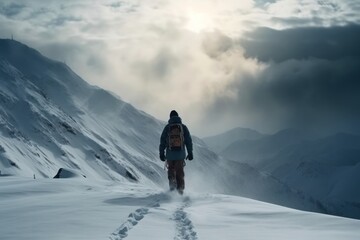 Naklejka na ściany i meble Hiker at a snowy mountain top - generative ai