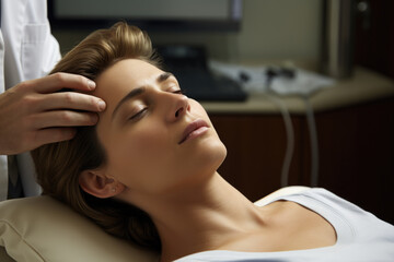 Fototapeta premium Woman laying in hospital bed with her eyes closed, getting head massage. This image can be used to depict rest, recovery, healthcare, or hospitalization.