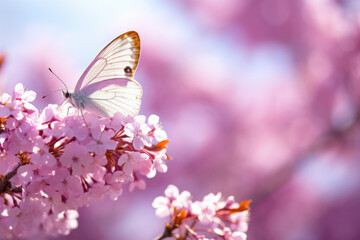Beautiful white butterfly perched on top of vibrant pink flower. This image captures delicate beauty of nature. Perfect for use in nature-themed designs and gardening publications.