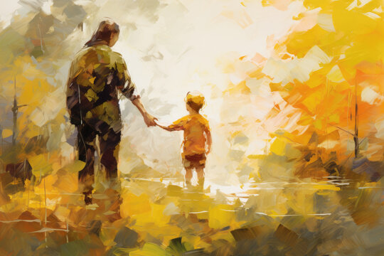 Touching painting of man holding child's hand. This heartwarming image captures bond between father and child. Perfect for illustrating family relationships