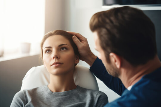 Woman sits while man strokes her hair. This image can be used to showcase hairdressing, hair care and beauty services.