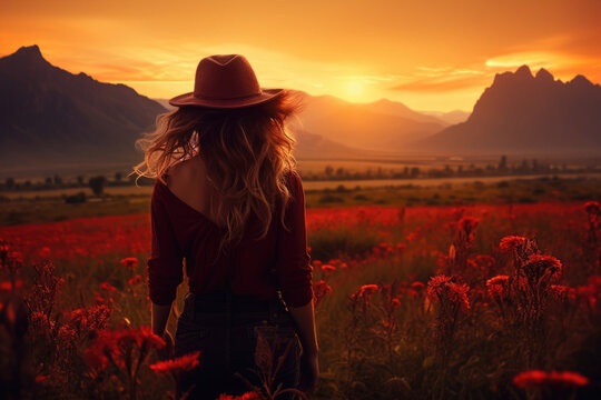 Woman standing in vibrant field of red flowers. This picture captures beauty of nature and peacefulness of surroundings. Perfect for use in nature-themed designs.