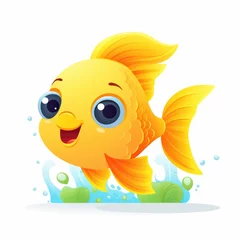 Fotobehang A cartoon goldfish swimming in a pond of water. Digital image. © Friedbert