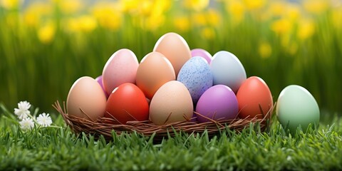 Fototapeta premium A basket filled with eggs sitting on top of a lush green field. Digital image.