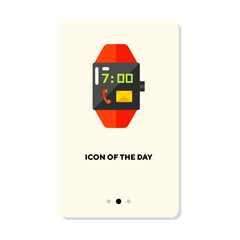 Naklejka premium Red smartwatch with time and call button flat icon. Vertical sign or vector illustration of digital watch, gadget or device element.Technology, accessories,communication,sports for web design and apps