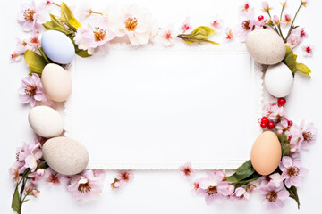 Naklejka na ściany i meble A frame with eggs and flowers on a white background. Digital image.