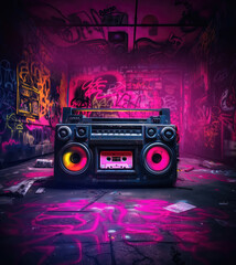 Retro old design ghetto blaster boombox radio cassette tape recorder from 1980s in a grungy graffiti covered room.music blaster	
 - obrazy, fototapety, plakaty