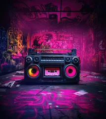 Abwaschbare Fototapete Graffiti-Collage Retro old design ghetto blaster boombox radio cassette tape recorder from 1980s in a grungy graffiti covered room.music blaster  