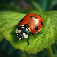 Fototapeta premium A lady bug sitting on top of a green leaf. Digital image.