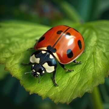 A lady bug sitting on top of a green leaf. Digital image.