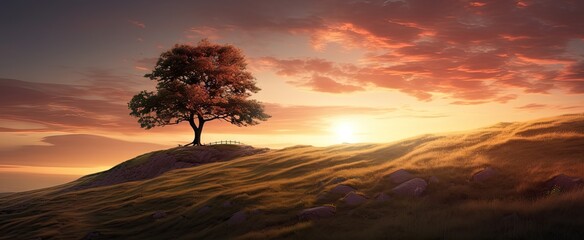 a lone tree that sits on a hill during sunset Generative AI - obrazy, fototapety, plakaty