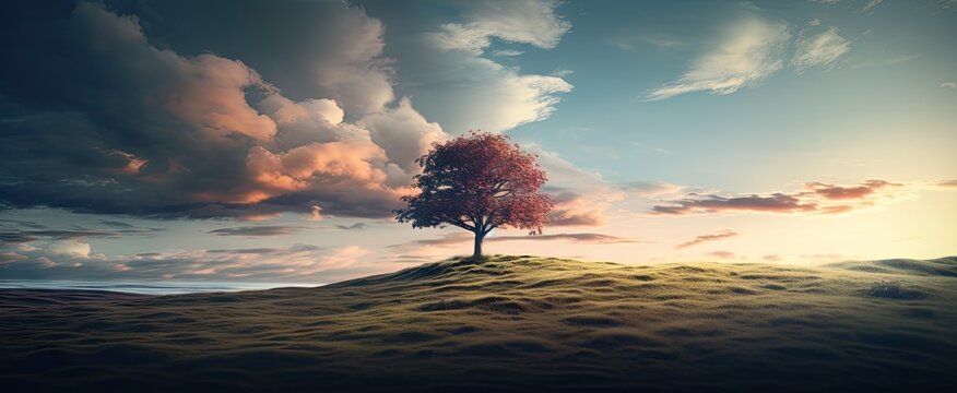 single tree standing alone on a hill against sky with clouds Generative AI