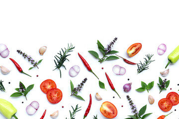 Cooking ingredients, Various fresh vegetables and herbs on white background.