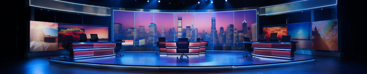 Cable TV News Studio Network Stage Set, Generative AI