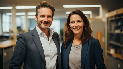 two male and female business people with a confident smile standing in an office. generative AI