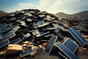 Old Trashed Solar Panels Piled Up in a Landfill or Scrap Yard, Difficult to Recycle, Generative AI - obrazy, fototapety, plakaty