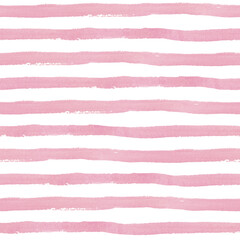 Seamless pattern with pink stripes on white background. Watercolor illustration hand drawn. For design, textile, decor, wallpaper, wrapping paper, clothes.